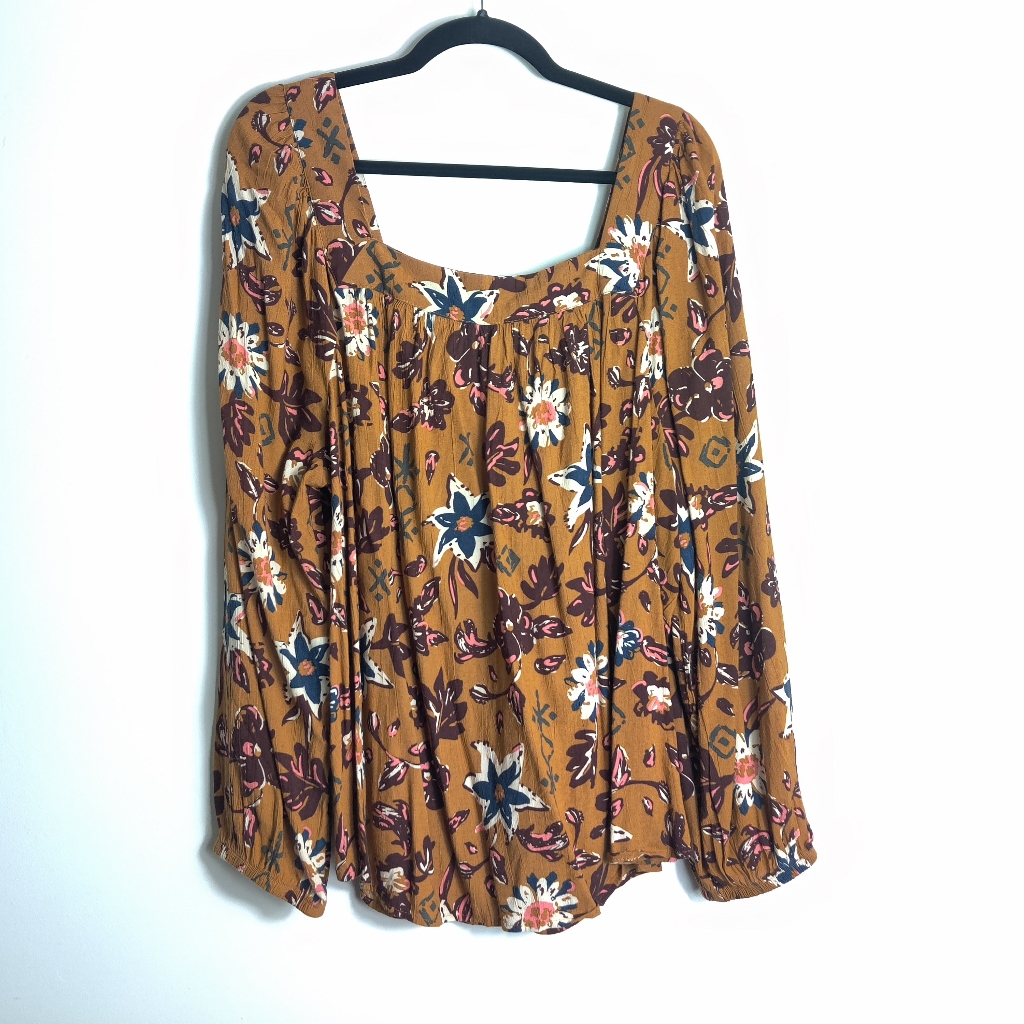 Sonoma Square Neckline Mustard Yellow Floral Long Sleeve Rayon Blouse Size 1x — image 3 of 8